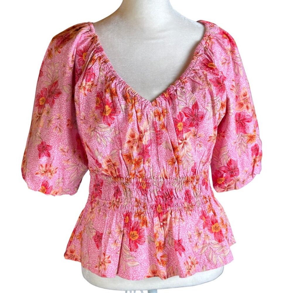 NWT LOFT Pink Floral Smocked Waist Puff Sleeve Peplum Top Size Medium